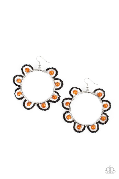 Groovy Gardens Brown Seed Bead Earring - Paparazzi Accessories  Infused with earthy brown stone bead centers, rows of black and white seed beads are threaded along dainty wires along the outside of a shiny silver hoop for a vivacious floral look. Earring attaches to a standard fishhook fitting.  Sold as one pair of earrings.