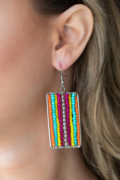 Beadwork Wonder Multi Seed Bead Earring - Paparazzi Accessories  Infused with classic silver beads, rows of orange, turquoise, yellow, and pink seed beads are threaded along metal rods inside a rectangular frame for a colorful artisan inspired look. Earring attaches to a standard fishhook fitting.  Sold as one pair of earrings.