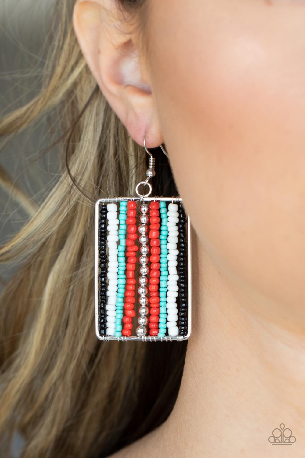 Beadwork Wonder Red Earring - Paparazzi Accessories  Infused with classic silver beads, rows of black, white, blue, and red seed beads are threaded along metal rods inside a rectangular frame for a colorful artisan inspired look. Earring attaches to a standard fishhook fitting.  Sold as one pair of earrings.