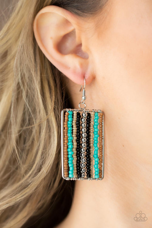 Beadwork Wonder Black Seed Bead Earring - Paparazzi Accessories  Infused with classic silver beads, rows of brown, turquoise, tan, and black seed beads are threaded along metal rods inside a rectangular frame for a colorful artisan inspired look. Earring attaches to a standard fishhook fitting.  Sold as one pair of earrings.