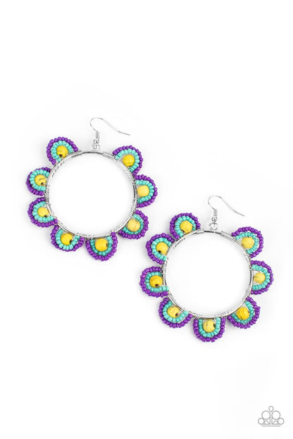 Groovy Gardens Yellow Earring - Paparazzi Accessories  Infused with sunny yellow stone bead centers, rows of purple and turquoise seed beads are threaded along dainty wires along the outside of a shiny silver hoop for a vivacious floral look. Earring attaches to a standard fishhook fitting.  Sold as one pair of earrings.