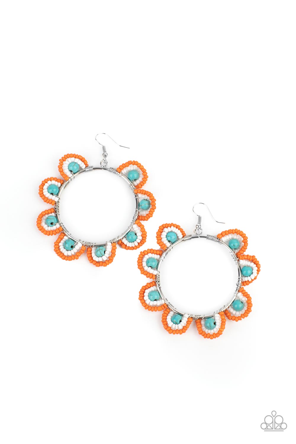 Groovy Gardens Blue Seed Bead Earring - Paparazzi Accessories  Infused with refreshing turquoise stone bead centers, rows of orange and white seed beads are threaded along dainty wires along the outside of a shiny silver hoop for a vivacious floral look. Earring attaches to a standard fishhook fitting.  Sold as one pair of earrings.
