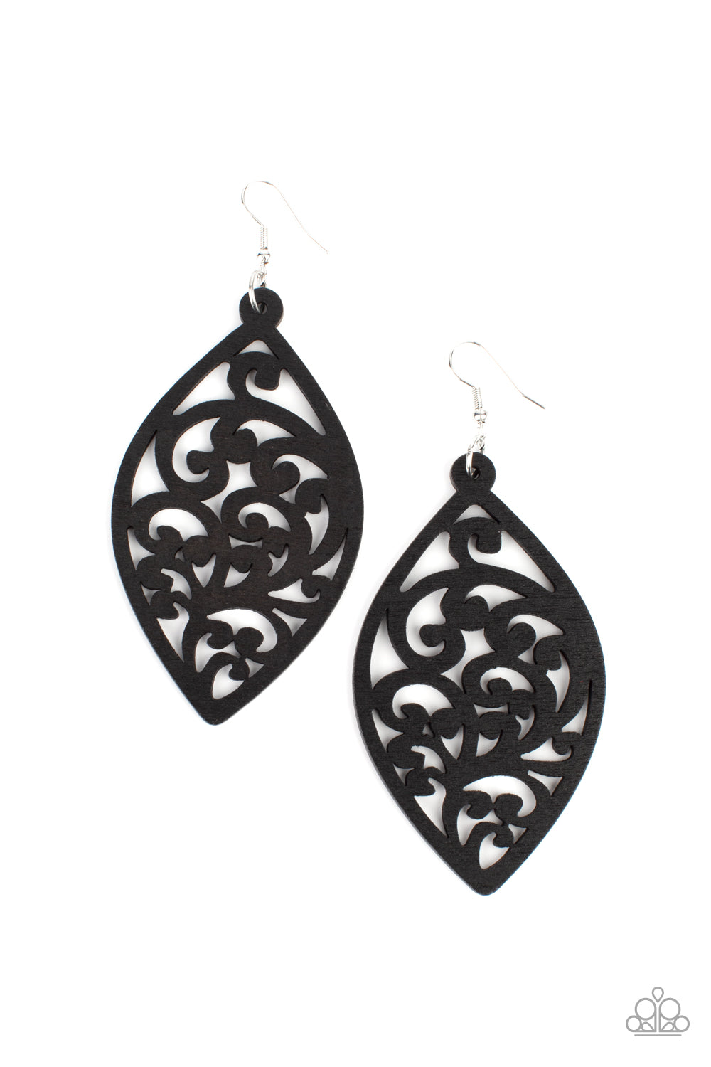 Coral Garden Black Wooden Earring - Paparazzi Accessories  Painted in a shiny black finish, a floral motif permeates an airy oval wooden frame creating a tropical-inspired lure. Earring attaches to a standard fishhook fitting.  Sold as one pair of earrings.
