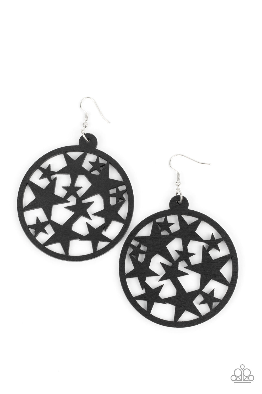 Cosmic Paradise Black Earring - Paparazzi Accessories  An oversized round black wooden frame is filled with a cosmos of cut-out black stars creating a whimsical statement. Earring attaches to a standard fishhook fitting.  Sold as one pair of earrings.
