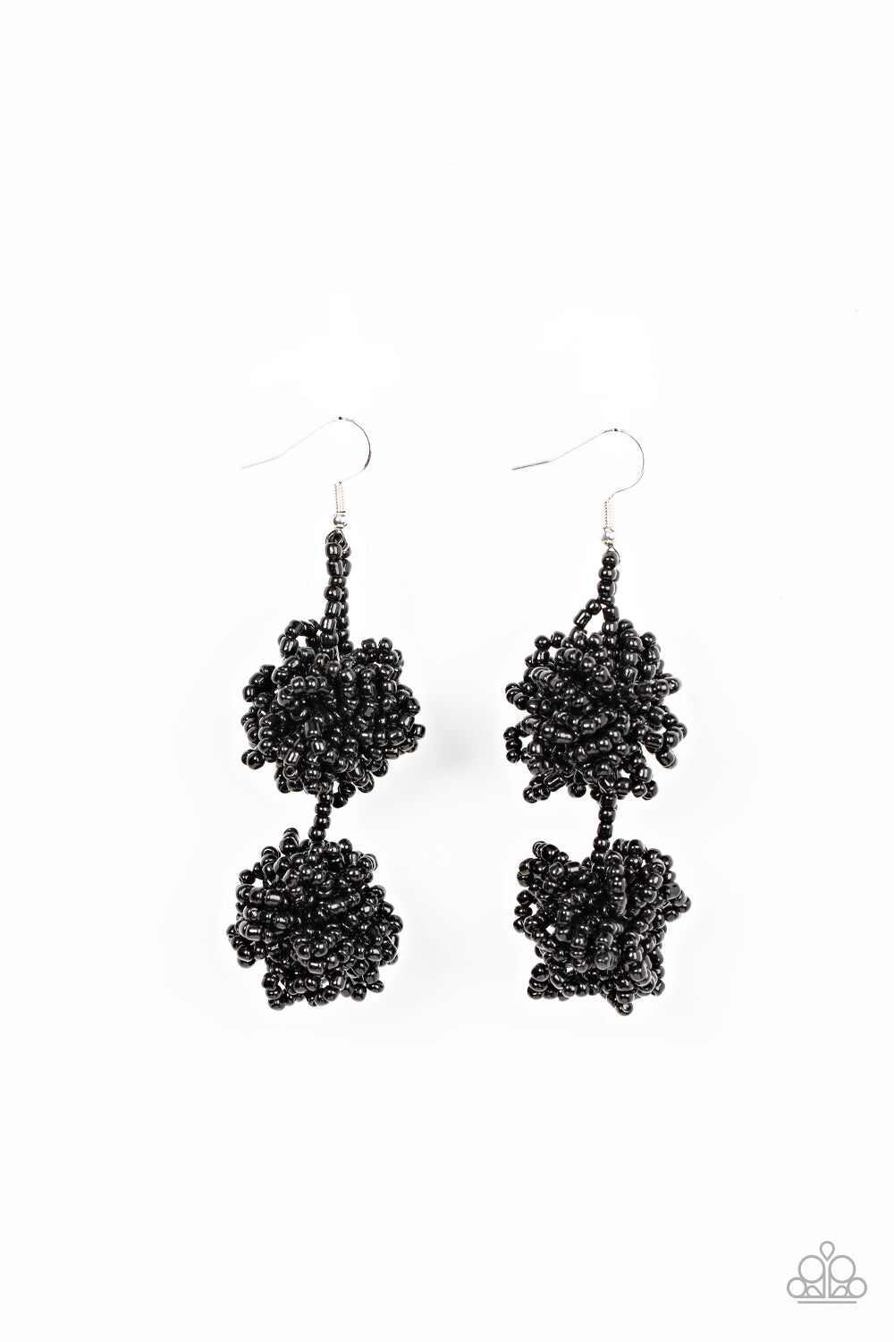 Celestial Collision Black Seed Bead Earring - Paparazzi Accessories  Strands of shiny black seed beads delicately knot into an elegantly clustered lure, creating a stellar modern look. Earring attaches to a standard fishhook fitting.  Sold as one pair of earrings.