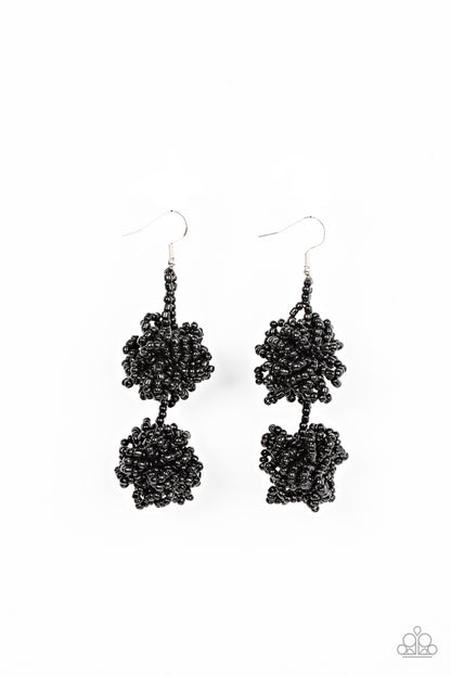 Celestial Collision Black Seed Bead Earring - Paparazzi Accessories  Strands of shiny black seed beads delicately knot into an elegantly clustered lure, creating a stellar modern look. Earring attaches to a standard fishhook fitting.  Sold as one pair of earrings.
