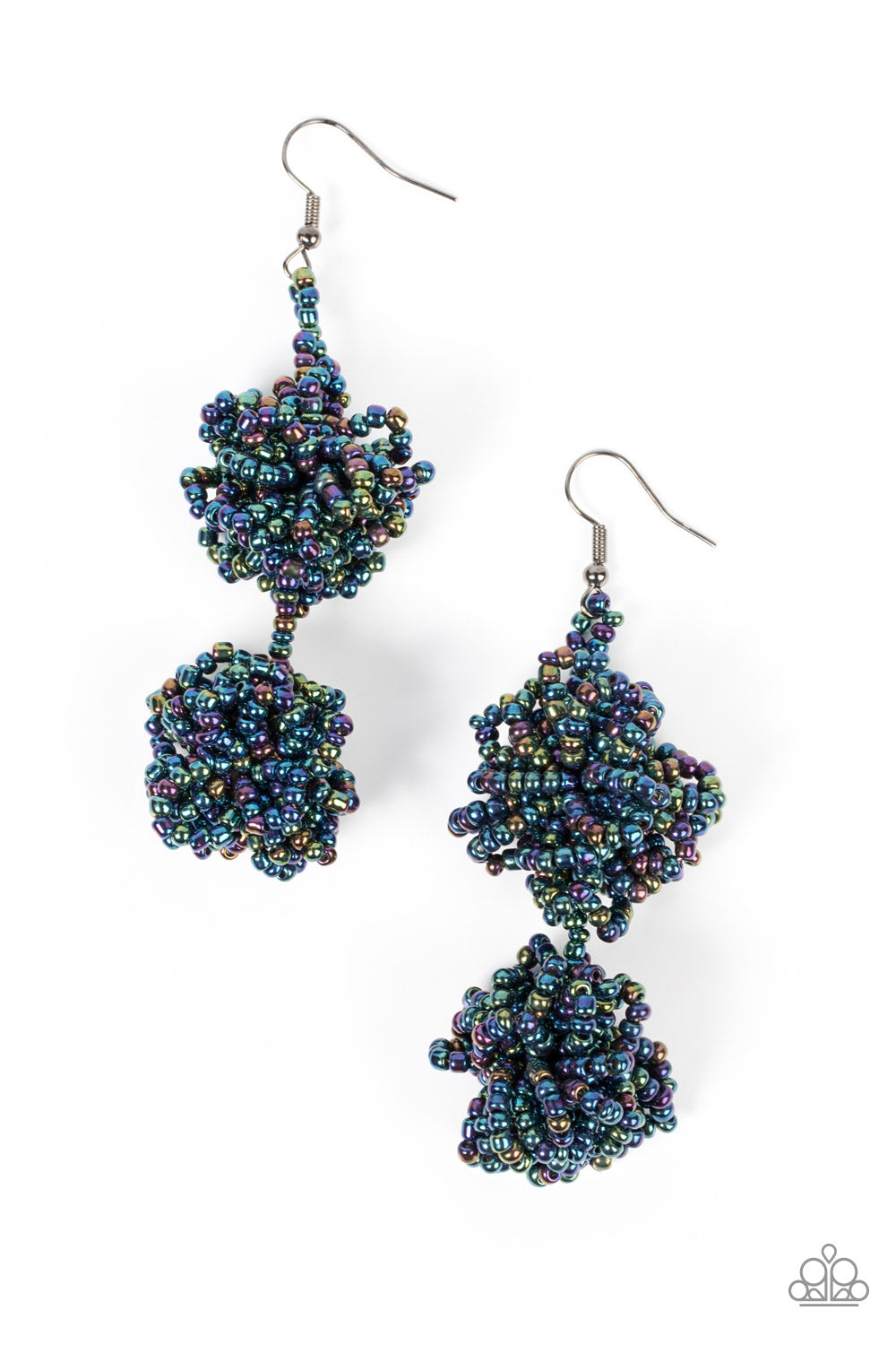 Celestial Collision Multi Earring - Paparazzi Accessories  Strands of oil spill seed beads delicately knot into an elegantly clustered lure, creating a stellar modern look. Earring attaches to a standard fishhook fitting.  Sold as one pair of earrings.