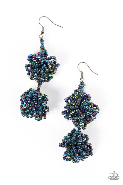 Celestial Collision Multi Earring - Paparazzi Accessories  Strands of oil spill seed beads delicately knot into an elegantly clustered lure, creating a stellar modern look. Earring attaches to a standard fishhook fitting.  Sold as one pair of earrings.