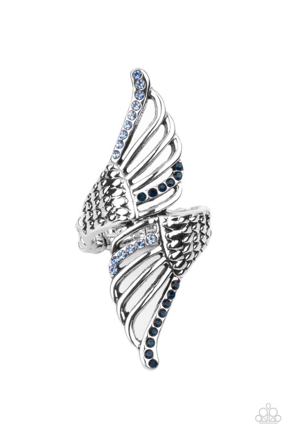 Angels Among Us Blue Ring - Paparazzi Accessories  Featuring lifelike feathery detail, two airy silver wings delicately wrap around the finger. Rows of dainty blue rhinestones adorn the winged accents, adding a celestial shimmer to the angelic centerpiece. Features a stretchy band for a flexible fit.  Sold as one individual ring.