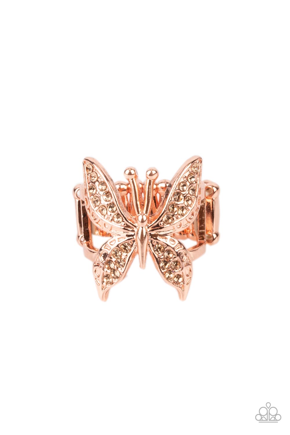 Blinged Out Butterfly Copper Ring - Paparazzi Accessories  Glittery sections of peach rhinestones delicately encrust the decorative wings of a shiny copper butterfly, creating a whimsically fluttering centerpiece atop the finger. Features a stretchy band for a flexible fit.  Sold as one individual ring.