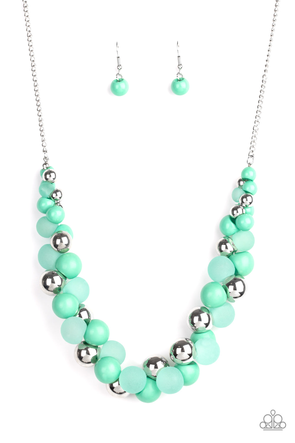 Bubbly Brilliance - Green Item #N766 A bubbly collection of imperfect silver, opaque, and Biscay Green beads are threaded along an invisible wire below the collar, creating a colorful cluster. Features an adjustable clasp closure. All Paparazzi Accessories are lead free and nickel free!  Sold as one individual necklace. Includes one pair of matching earrings.