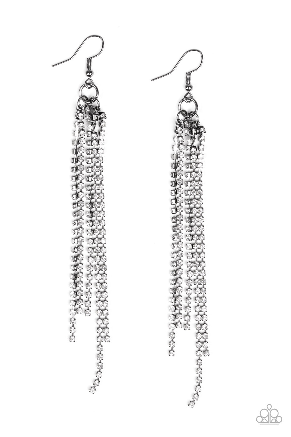 Center Stage Status - Black Item #E174 Featuring sleek square fittings, strands of glittery white rhinestones freefall from the ear, creating a glamorous fringe. Earring attaches to a standard fishhook fitting. All Paparazzi Accessories are lead free and nickel free!  Sold as one pair of earrings.