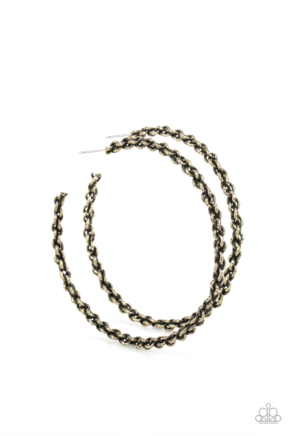 CHAINge Is Coming - Brass Item #E200 Brushed in an antiqued shimmer, glistening brass chain twists into an edgy hoop. Earring attaches to a standard post fitting. Hoop measures approximately 2 3/4" in diameter. All Paparazzi Accessories are lead free and nickel free!  Sold as one pair of hoop earrings.