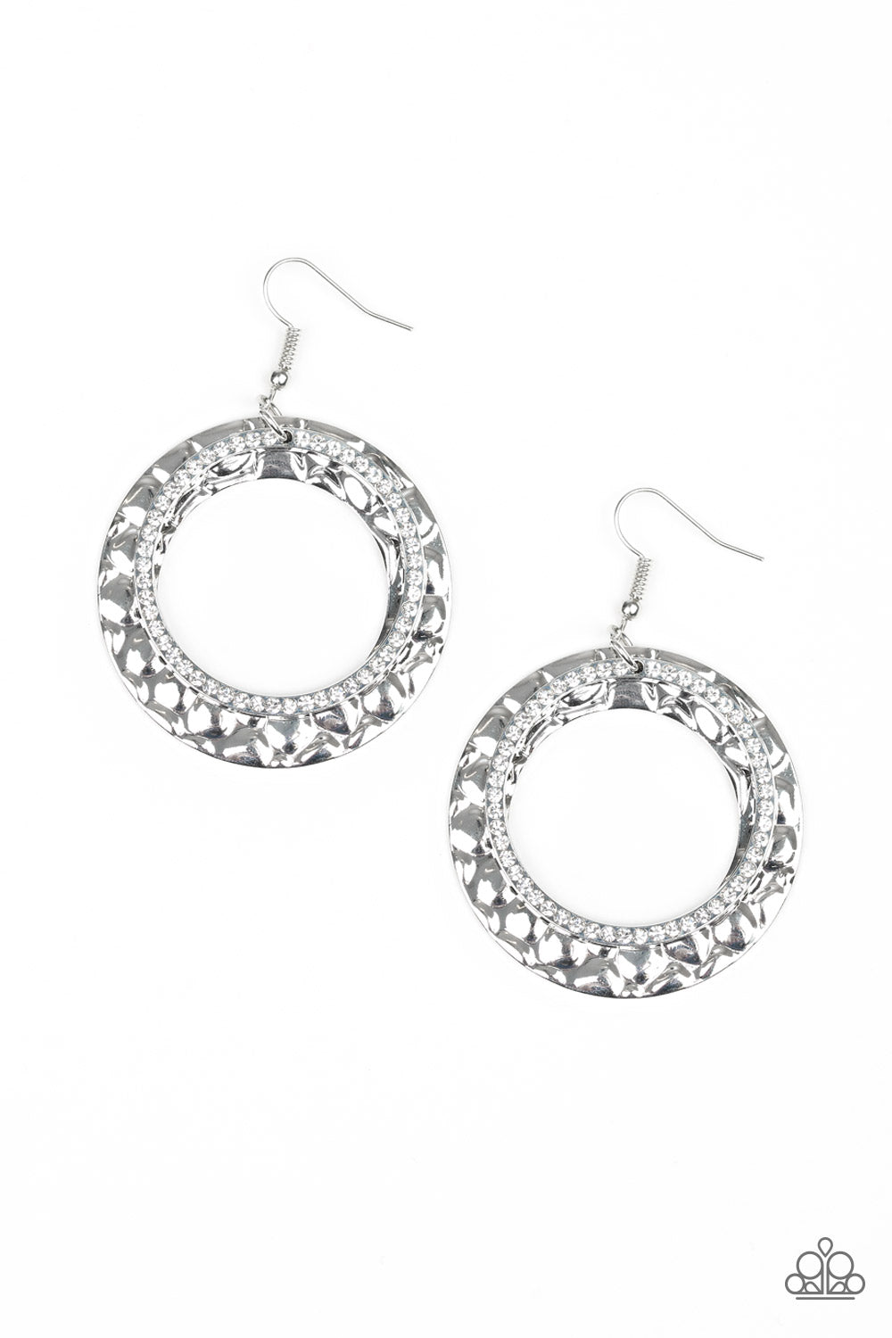 Cinematic Shimmer White Earring - Paparazzi Accessories Item #E108 Encrusted in glassy white rhinestones, a glittery silver hoop links with a thick silver hoop embossed in metallic pebble-like patterns, creating a refined lure. Earring attaches to a standard fishhook fitting. All Paparazzi Accessories are lead free and nickel free!  Sold as one pair of earrings.