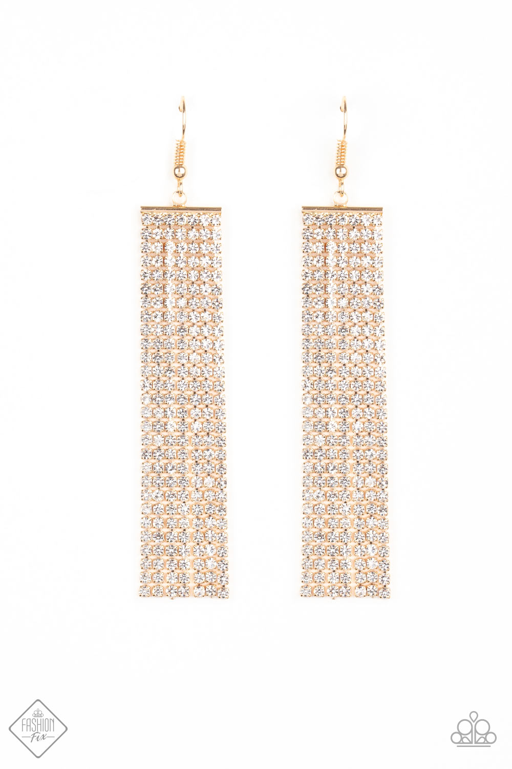 Top-Down Shimmer - Gold Item #E418 Strand after strand of glittery white rhinestones stream from a gold fitting, creating an elegant fringe that falls effortlessly from the ear. Earring attaches to a standard fishhook fitting. All Paparazzi Accessories are lead free and nickel free!  Sold as one pair of earrings.