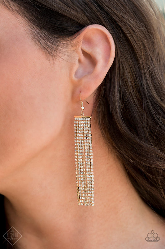 Top-Down Shimmer - Gold Item #E418 Strand after strand of glittery white rhinestones stream from a gold fitting, creating an elegant fringe that falls effortlessly from the ear. Earring attaches to a standard fishhook fitting. All Paparazzi Accessories are lead free and nickel free!  Sold as one pair of earrings.