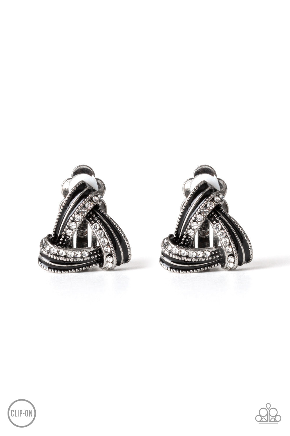 Twirling Twinkle - Black Item #E313 Brushed in a shiny black finish, white rhinestone encrusted frames overlap into a bold triangular frame for a refined flair. Earring attaches to a standard clip-on earrings. All Paparazzi Accessories are lead free and nickel free!  Sold as one pair of clip-on earrings.