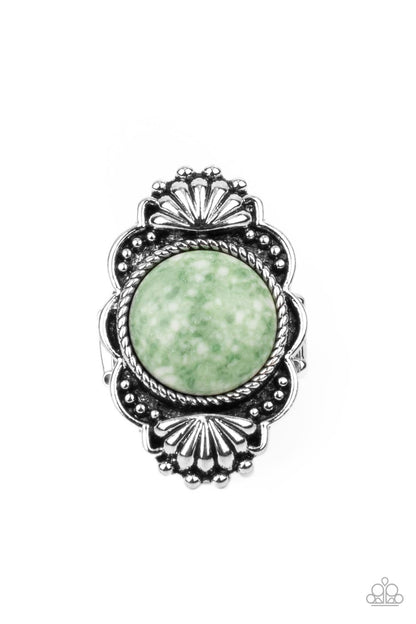Atlantis Adventure - Green Item #P4SE-GRXX-121XX Adorned in silver seashells and dainty silver studs, the center of a scalloped silver frame is dotted with an oversized green stone for an artisan inspired finish. Features a stretchy band for a flexible fit.  Sold as one individual ring.
