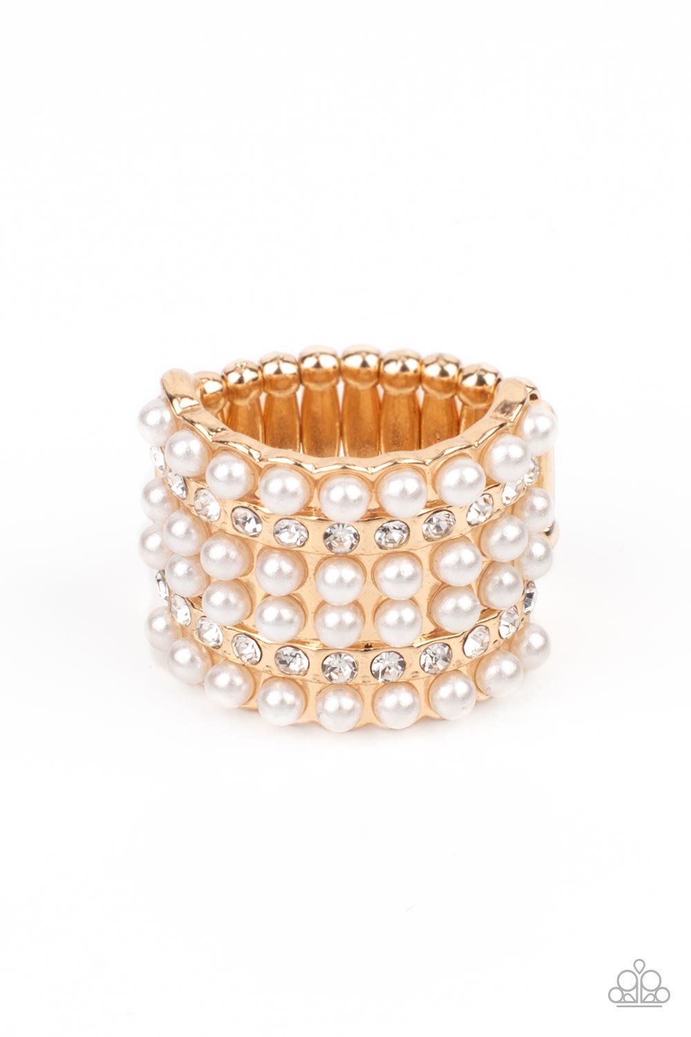 Verified Vintage Gold Ring - Paparazzi Accessories  Dainty rows of bubbly pearls and glassy white rhinestones alternate across the front of a thick gold band, creating a vintage inspired statement piece. Features a stretchy band for a flexible fit.  All Paparazzi Accessories are lead free and nickel free!  Sold as one individual ring.