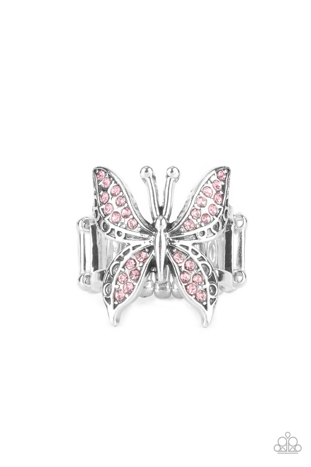 Blinged Out Butterfly Pink Ring - Paparazzi Accessories  Glittery sections of pink rhinestones delicately encrust the decorative wings of a silver butterfly, creating a whimsically fluttering centerpiece atop the finger. Features a stretchy band for a flexible fit.  Sold as one individual ring.