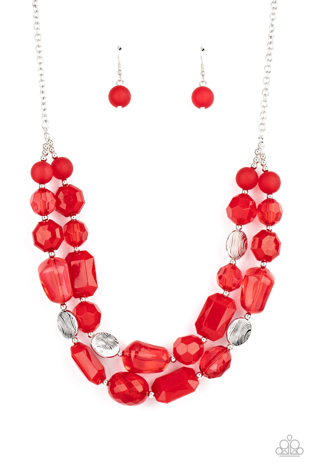 Oceanic Opulence Red Necklace - Paparazzi Accessories  Varying in shape and opacity, faceted and smooth red glassy beads join textured silver discs and dainty silver beads along two dainty wires, layering into a flamboyant pop of color below the collar. Features an adjustable clasp closure.  All Paparazzi Accessories are lead free and nickel free!  Sold as one individual necklace. Includes one pair of matching earrings.