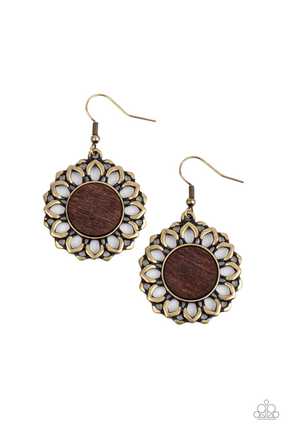 Farmhouse Fashionista Brass Earring - Paparazzi Accessories  Layers of antiqued brass petals bloom from a flat brown wooden center, creating a whimsically rustic display. Earring attaches to a standard fishhook fitting.  Sold as one pair of earrings.