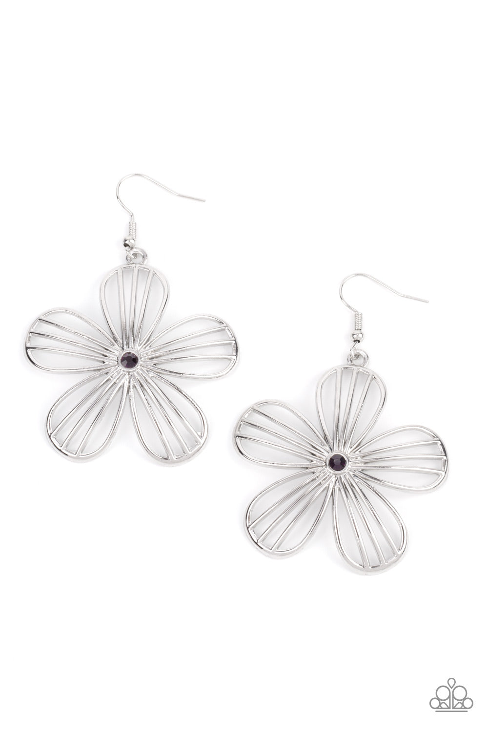 Meadow Musical Purple Earring - Paparazzi Accessories  Dotted with a dainty purple rhinestone, airy silver petals streaked with linear bars bloom into an enchanting floral frame. Earring attaches to a standard fishhook fitting.  Sold as one pair of earrings.