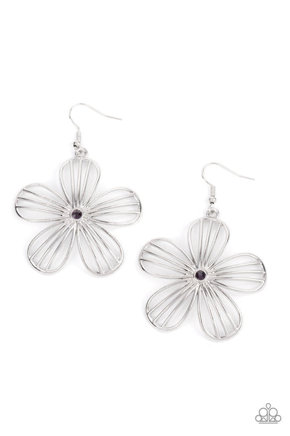 Meadow Musical Purple Earring - Paparazzi Accessories  Dotted with a dainty purple rhinestone, airy silver petals streaked with linear bars bloom into an enchanting floral frame. Earring attaches to a standard fishhook fitting.  Sold as one pair of earrings.