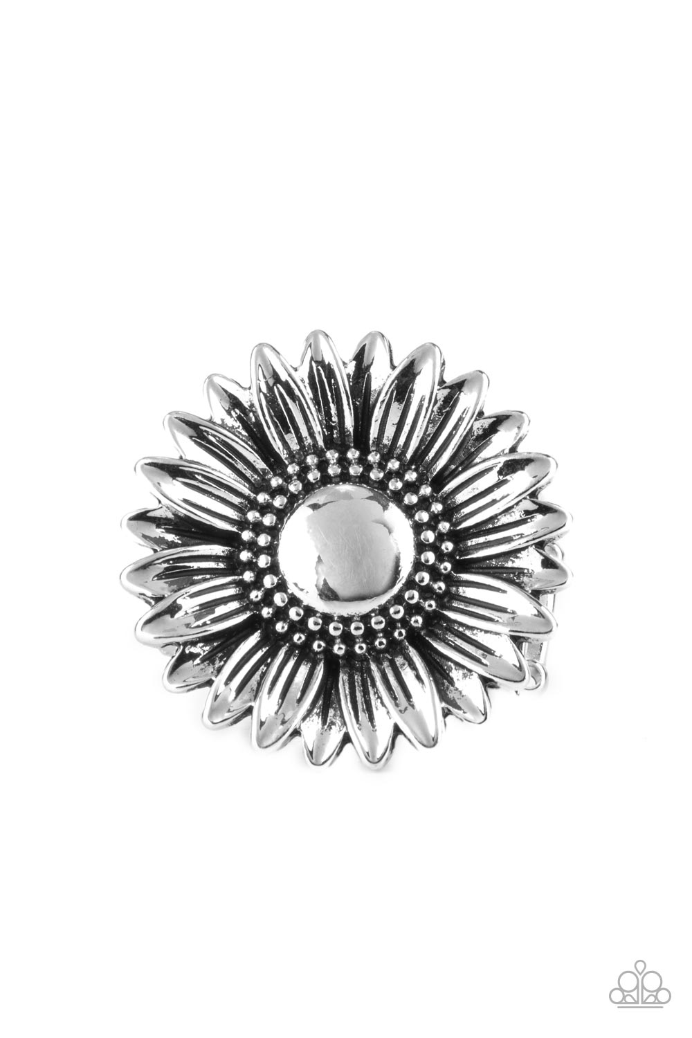 Farmstead Fashion Silver Ring - Paparazzi Accessories  Brushed in an antiqued finish, a rustic silver daisy blooms atop a decorative studded and embossed silver band for a simply seasonal look. Features a stretchy band for a flexible fit.  Sold as one individual ring.