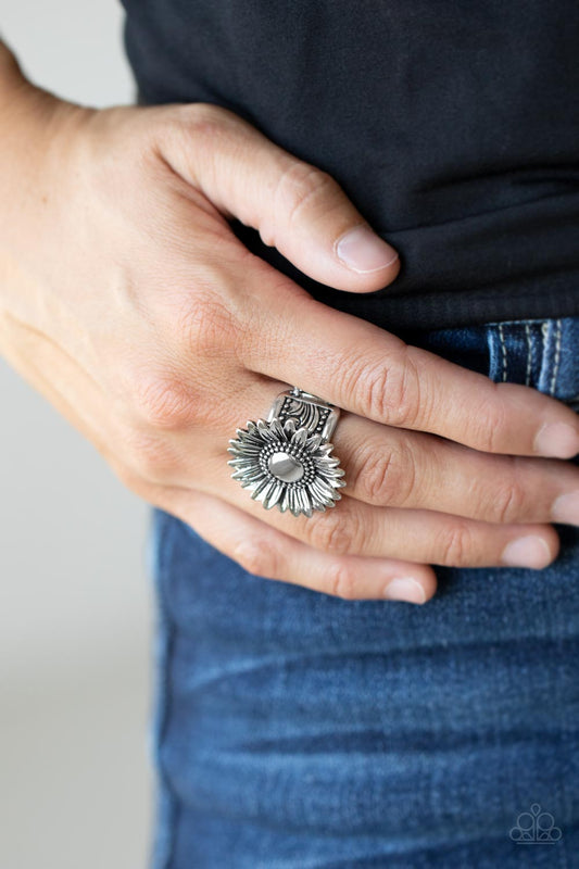 Farmstead Fashion Silver Ring - Paparazzi Accessories  Brushed in an antiqued finish, a rustic silver daisy blooms atop a decorative studded and embossed silver band for a simply seasonal look. Features a stretchy band for a flexible fit.  Sold as one individual ring.