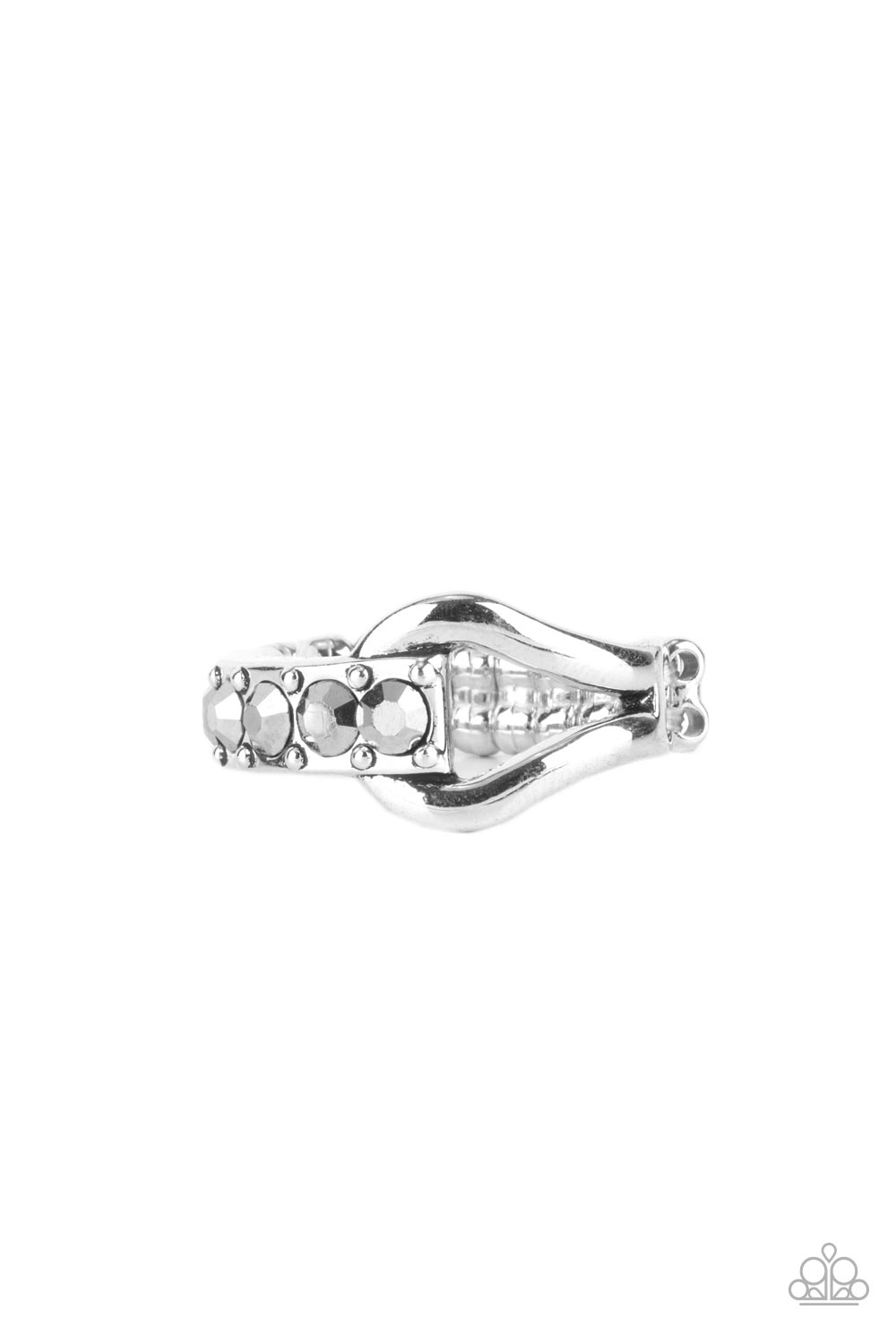 Bling Bond Silver Ring - Paparazzi Accessories  A studded band of glitzy hematite rhinestones delicately overlaps with a circular silver fitting, bonding into an edgy centerpiece across the finger. Features a dainty stretchy band for a flexible fit.  Sold as one individual ring.