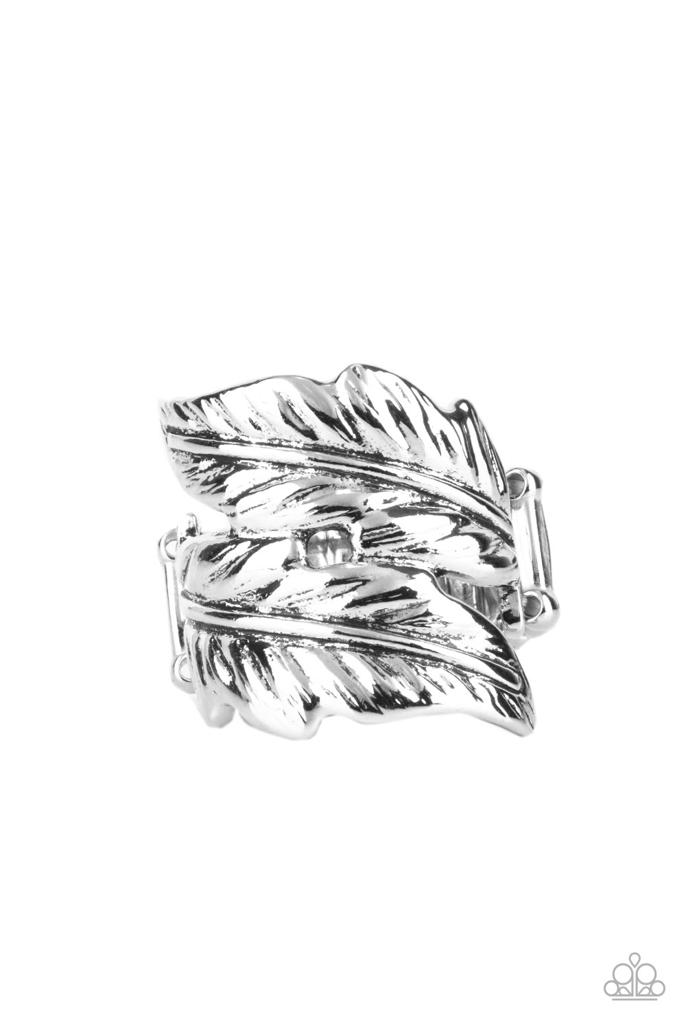 Inner FLIGHT Silver Ring - Paparazzi Accessories  Brushed in an antiqued finish, two lifelike silver feathers delicately curl around the finger for a free-spirited fashion. Features a stretchy band for a flexible fit.  Sold as one individual ring.