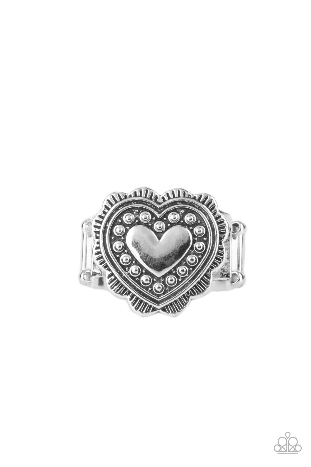 Southern Soulmate Silver Ring - Paparazzi Accessories  Scalloped in frilly detail, a studded silver heart frame sits atop two rustic silver bands for a romantically rustic look. Features a stretchy band for a flexible fit.  All Paparazzi Accessories are lead free and nickel free!   Sold as one individual ring.