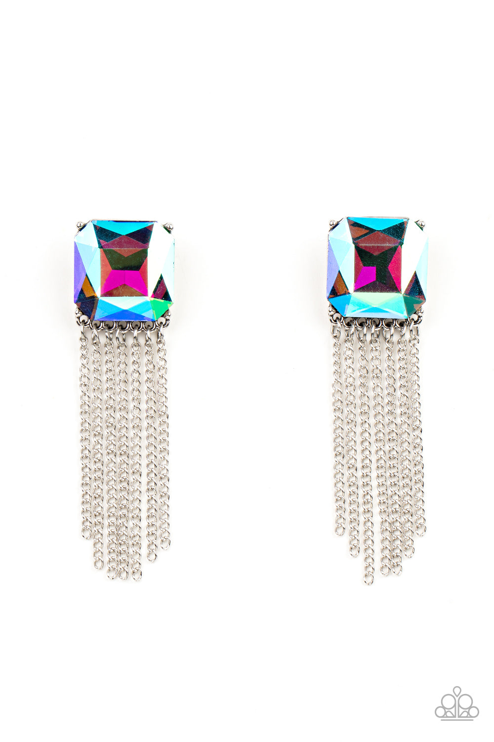 Supernova Novelty Multi Earring - Paparazzi Accessories  Featuring a stellar UV shimmer, an oversized radiant cut gem is pressed into a pronged silver fitting that gives way to a tapered curtain of silver chains for an out-of-this-world finish. Earring attaches to a standard post fitting.  All Paparazzi Accessories are lead free and nickel free!  Sold as one pair of post earrings.