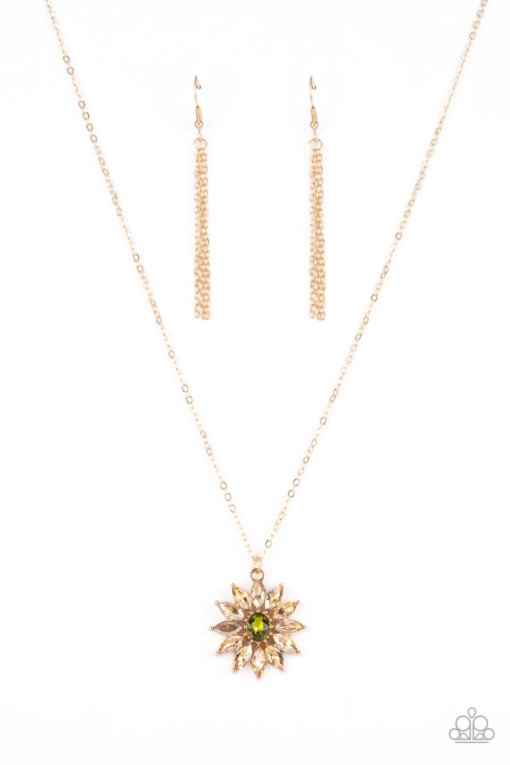 Formal Florals Gold Inspirational Necklace - Paparazzi Accessories  Golden champagne marquise cut rhinestones fan out from an oval green rhinestone center, creating a fabulous floral pendant at the bottom of a dainty gold chain. Features an adjustable clasp closure.  Sold as one individual necklace. Includes one pair of matching earrings.