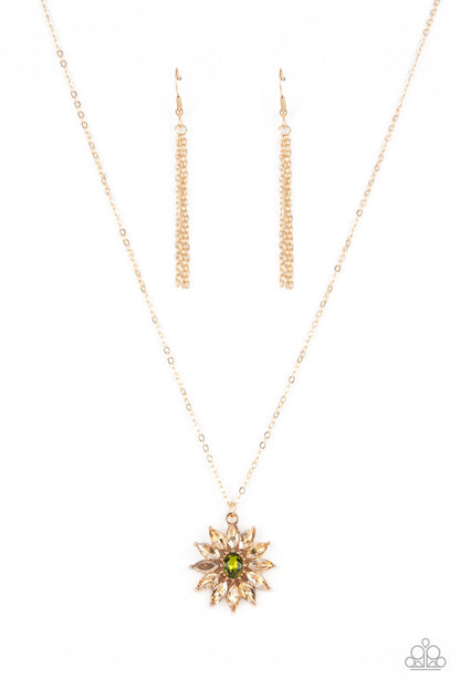 Formal Florals Gold Inspirational Necklace - Paparazzi Accessories  Golden champagne marquise cut rhinestones fan out from an oval green rhinestone center, creating a fabulous floral pendant at the bottom of a dainty gold chain. Features an adjustable clasp closure.  Sold as one individual necklace. Includes one pair of matching earrings.