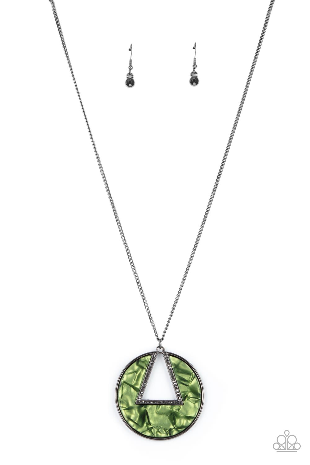 Chromatic Couture Green Necklace - Paparazzi Accessories  An airy hematite encrusted triangular frame is pressed into a gunmetal ring adorned in a green shell-like frame. The colorful pendant swings from the bottom of a classic gunmetal chain, creating a modern display. Features an adjustable clasp closure.  Sold as one individual necklace. Includes one pair of matching earrings.
