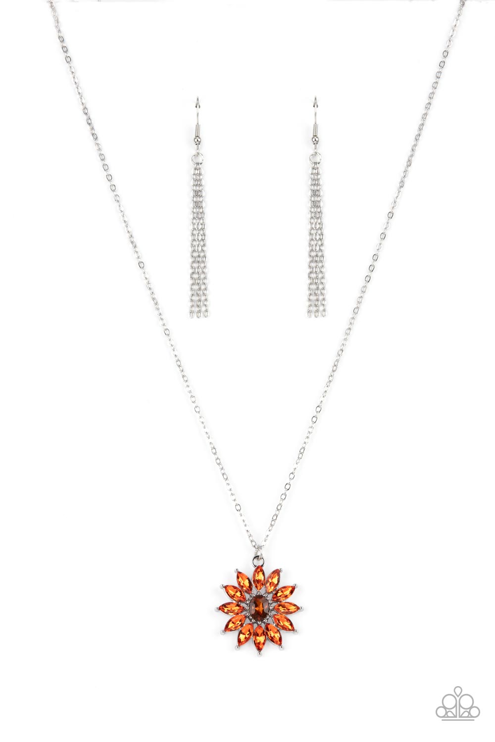 Formal Florals Orange Necklace - Paparazzi Accessories  Glittery orange marquise cut rhinestones fan out from an oval topaz rhinestone center, creating a fabulous floral pendant at the bottom of a dainty silver chain. Features an adjustable clasp closure.  Sold as one individual necklace. Includes one pair of matching earrings.