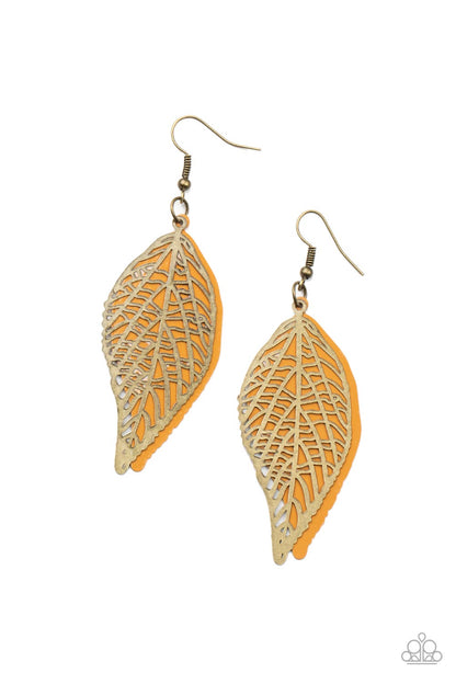 Leafy Luxury Brass Earring - Paparazzi Accessories  An airy stenciled brass leaf frame delicately overlaps with a brown metal leaf, creating a simply seasonal lure. Earring attaches to a standard fishhook fitting.  Sold as one pair of earrings.