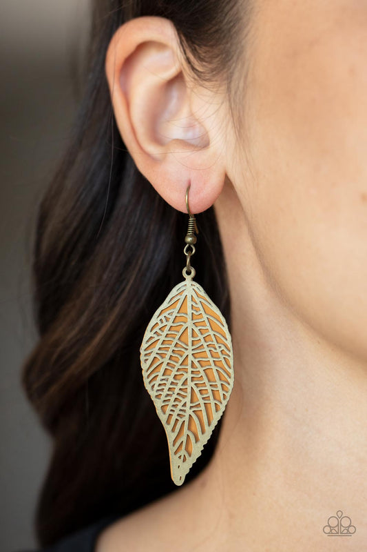 Leafy Luxury Brass Earring - Paparazzi Accessories  An airy stenciled brass leaf frame delicately overlaps with a brown metal leaf, creating a simply seasonal lure. Earring attaches to a standard fishhook fitting.  Sold as one pair of earrings.