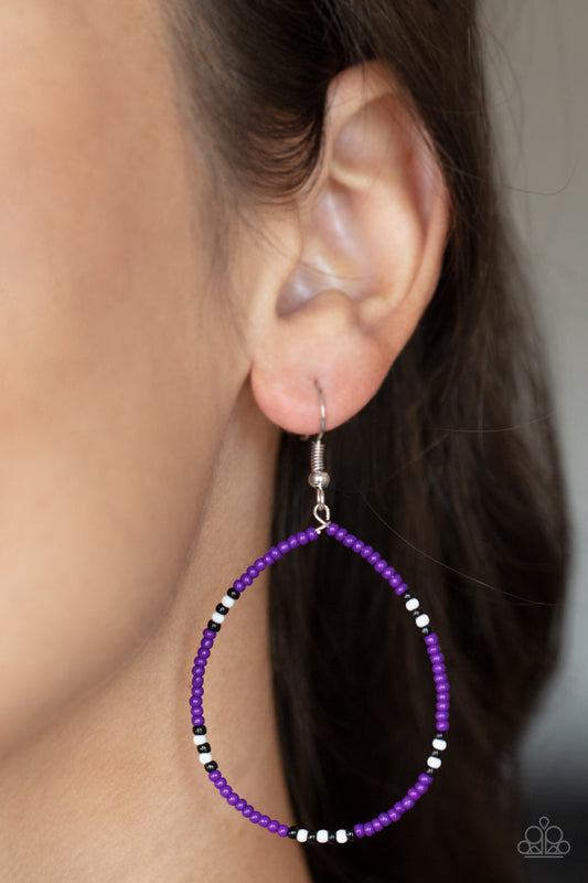 Keep Up The Good BEADWORK Purple Earring - Paparazzi Accessories  Broken up with sections of black and white seed beads, a dainty collection of purple seed beads are threaded along an invisible wire, creating a colorful teardrop. Earring attaches to a standard fishhook fitting.  Sold as one pair of earrings.