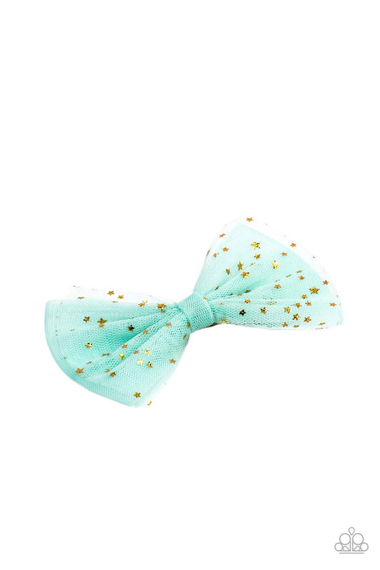 Twinkly Tulle Green Hair Clip - Paparazzi Accessories  Flecked in dainty gold stars, ribbons of minty green tulle delicately knot into a twinkly bow for a stellar fashion. Features a standard hair clip on the back.  All Paparazzi Accessories are lead free and nickel free!  Sold as one individual hair clip.