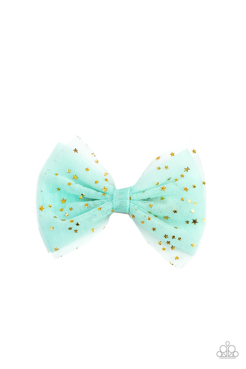 Twinkly Tulle Green Hair Clip - Paparazzi Accessories  Flecked in dainty gold stars, ribbons of minty green tulle delicately knot into a twinkly bow for a stellar fashion. Features a standard hair clip on the back.  All Paparazzi Accessories are lead free and nickel free!  Sold as one individual hair clip.