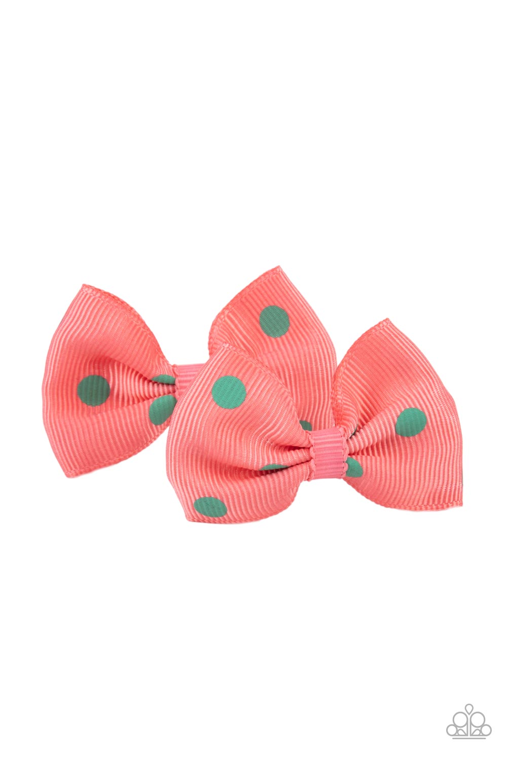 Polka Dot Drama Orange Hair Clip - Paparazzi Accessories  Featuring flirty green polka dots, a dainty pair of coral ribbon bows pull back the hair for a playful fashion. Features standard hair clips on the back.  Sold as one pair of hair clips.
