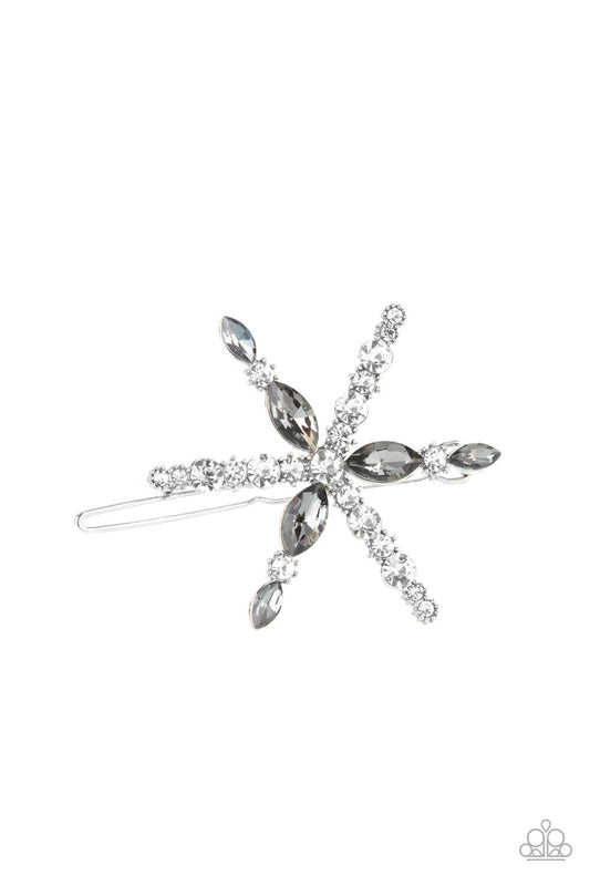 Celestial Candescence Silver Hair Clip - Paparazzi Accessories  A magically mismatched collection of white round and smoky marquise cut rhinestones adorn dainty silver bars that flare out into a stellar centerpiece. Features a clamp barrette closure.  Sold as one individual hair clip.