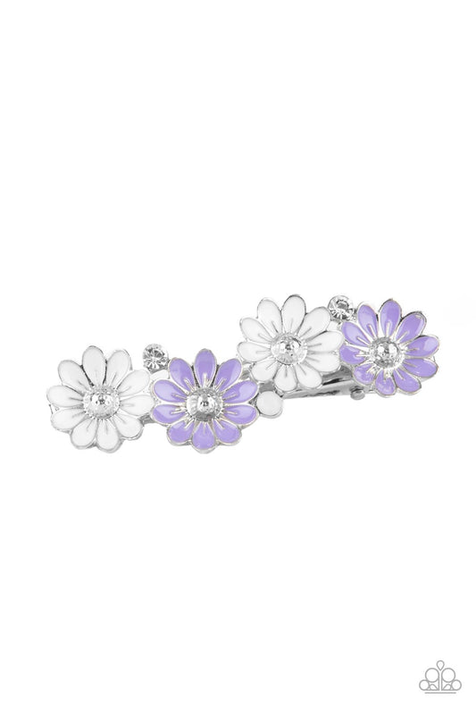 Ok, BLOOMER Purple Hair Clip - Paparazzi Accessories  Featuring hammered silver beaded centers, pairs of white and purple flowers join opal and white rhinestones across the front of a silver frame for a seasonal look. Features a standard hair clip on the back.  Sold as one individual hair clip.