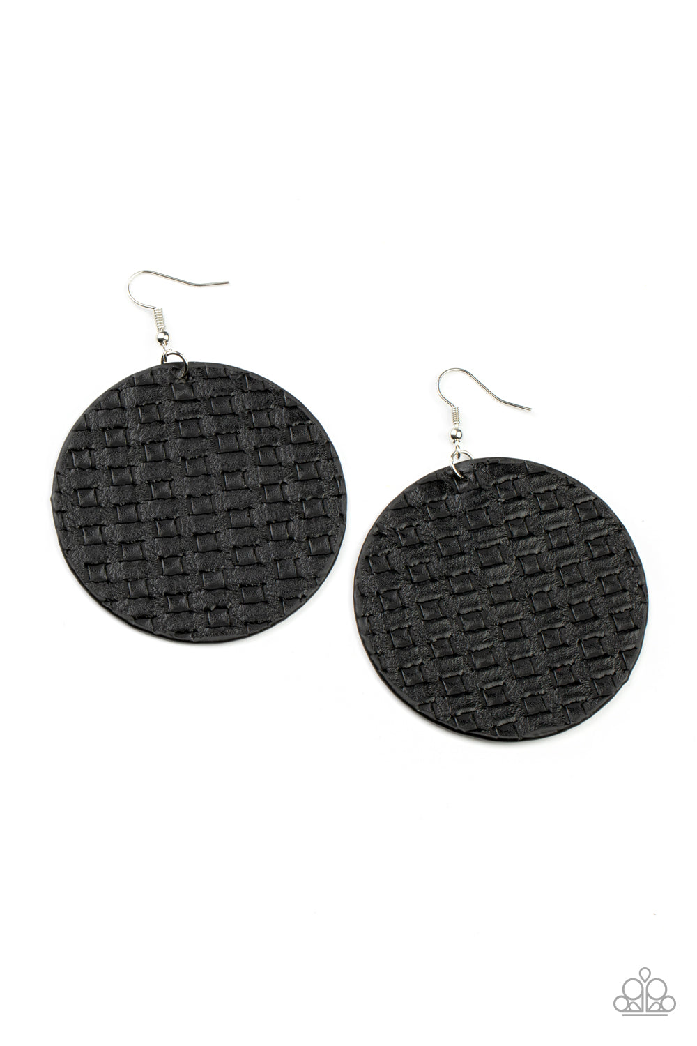 WEAVE Me Out Of It Black Earring - Paparazzi Accessories  Featuring a faux woven pattern a leathery black frame swings from the ear for an earthy artisan fashion. Earring attaches to a standard fishhook fitting.  Sold as one pair of earrings.