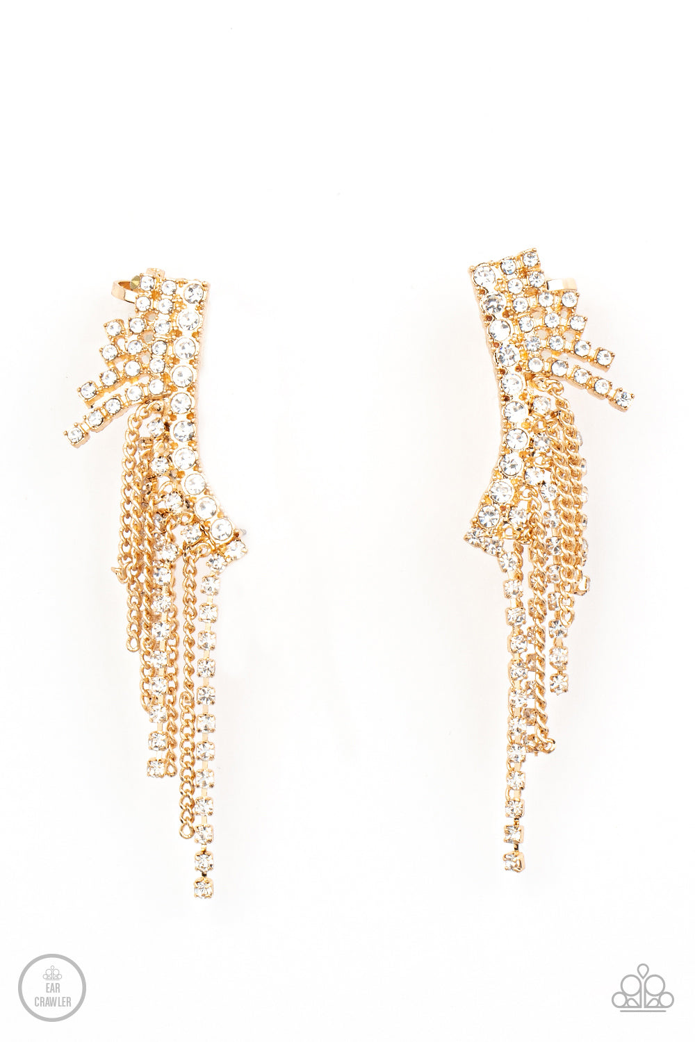 Thunderstruck Sparkle Gold Ear Crawler Earring - Paparazzi Accessories   A tapered fringe of dainty gold chains and glittery strands of white rhinestones cascades from the edge of a curving white rhinestone encrusted frame, creating an edgy centerpiece. Features a clip-on fitting at the top for a secure fit.  Sold as one pair of ear crawlers.