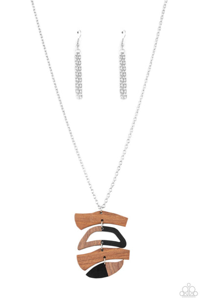 A WOODWORK In Progress Black Necklace - Paparazzi Accessories  Featuring black acrylic accents, mismatched wooden frames delicately link into a abstract pendant at the bottom of a lengthened silver chain for an earthy fashion. Features an adjustable clasp closure.  Sold as one individual necklace. Includes one pair of matching earrings.