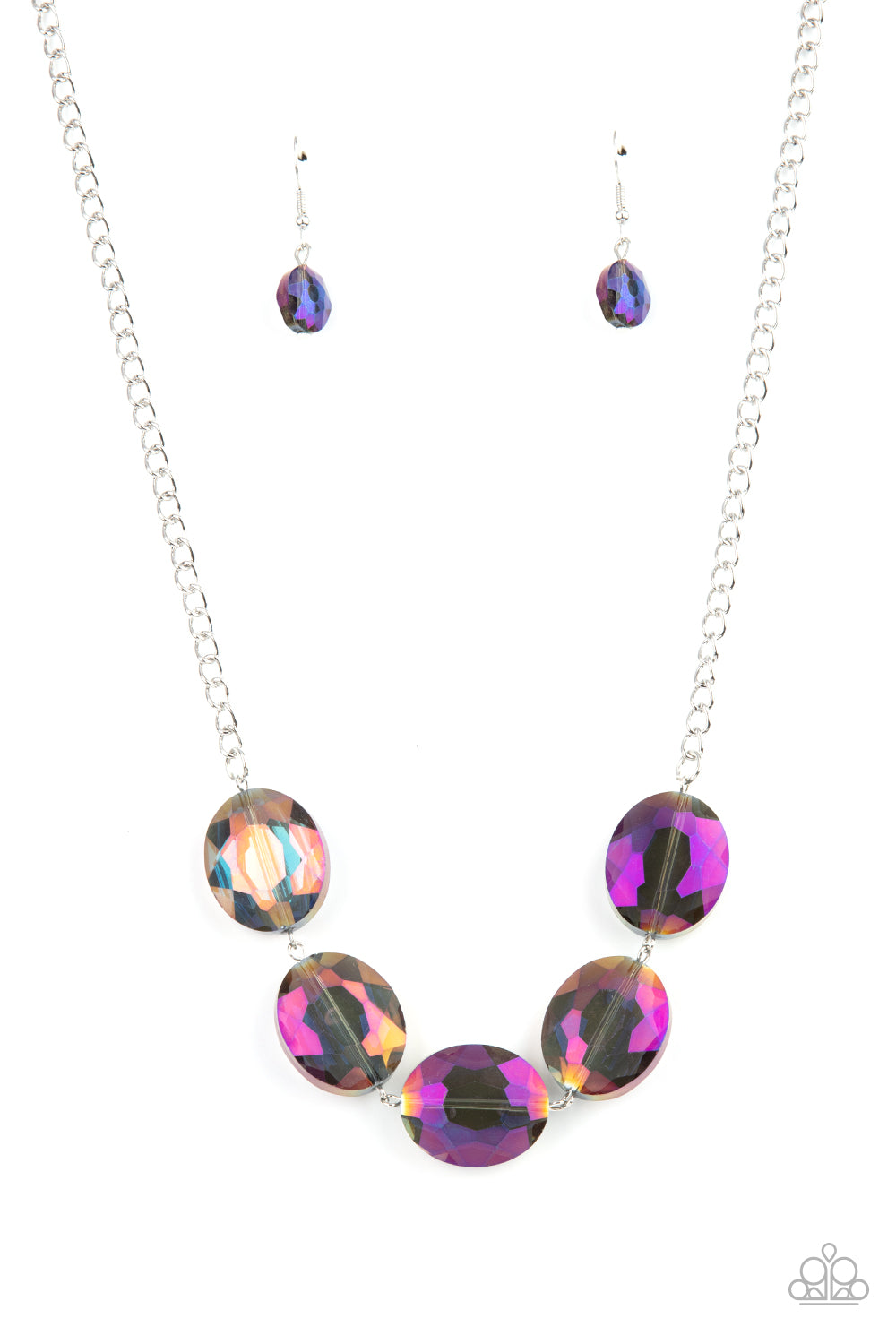 Cosmic Closeup Purple Necklace - Paparazzi Accessories  Brushed in a purple oil spill finish, a faceted collection of oversized iridescent gems delicately links below the collar for a gritty glamorous look. Features an adjustable clasp closure.  All Paparazzi Accessories are lead free and nickel free!  Sold as one individual necklace. Includes one pair of matching earrings.
